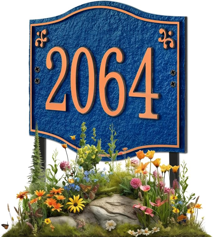 Personalized Address Plaque Sign - LAWN MOUNTED, House Address Signs for Outside Use for House,Apartment,Office,Yard (Blue/Copper)