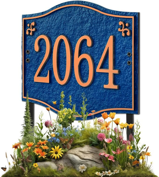 Personalized Address Plaque Sign - LAWN MOUNTED, House Address Signs for Outside Use for House,Apartment,Office,Yard (Blue/Copper)