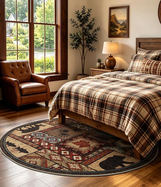 YIHOUSE Rustic Round Rug 4ft, Washable Circle Rug with Non-Slip Backing, Low Pile Soft Western Cabin Rugs for Living Room, Bedroom