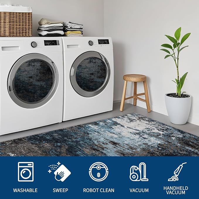 GarveeHome 4x6 Washable Area Rug Modern Abstract Blue Green | Non-Slip Backing, Stain-Resistant Low Pile Floor Cover, Colorful Indoor Mat, Bedroom, Kitchen, Laundry