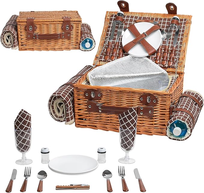 Double Picnic Basket with Large,Insulated Cooler Bag and Waterproof Picnic Blanket, Handmade Wicker Basket Set with Cutlery for Picnics, Camping, Beach