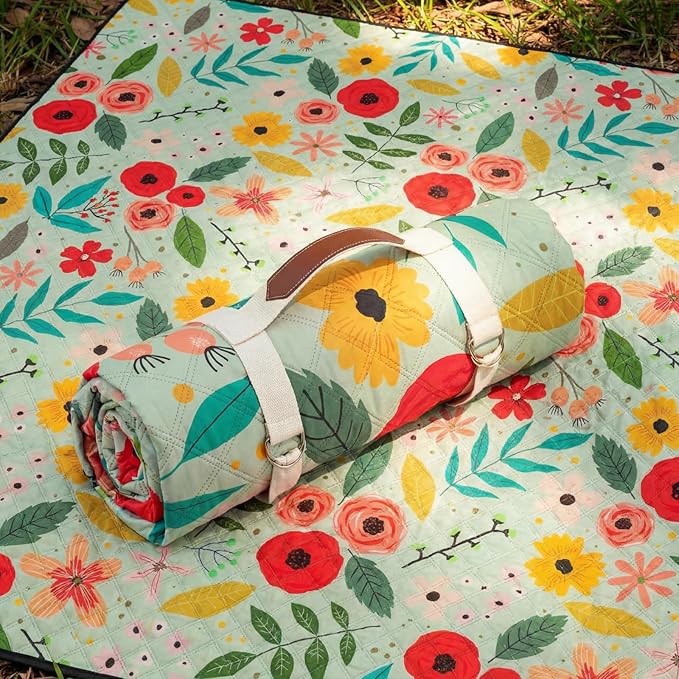 Tegeme Beach Picnic Blanket Floral Waterproof Outdoor Blanket 80''x80'' Extra Large Portable Sandproof Machine Washable 3 Layer Thick Gingham Picnic Mat for Beach Camping Park Grass(Green)