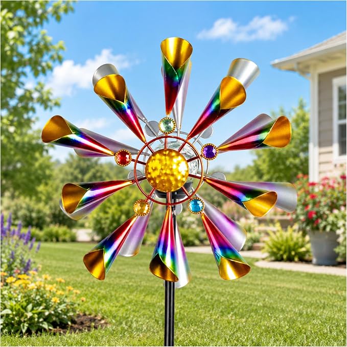 Solar Wind Spinner Outdoor Metal Garden Decor with Color LED Glass Ball | Kinetic Metal Wind Spinner Creates Colorful Yard Art With A Glowing Crackle Glass Ball For Garden, Patio, Lawn And Pathway