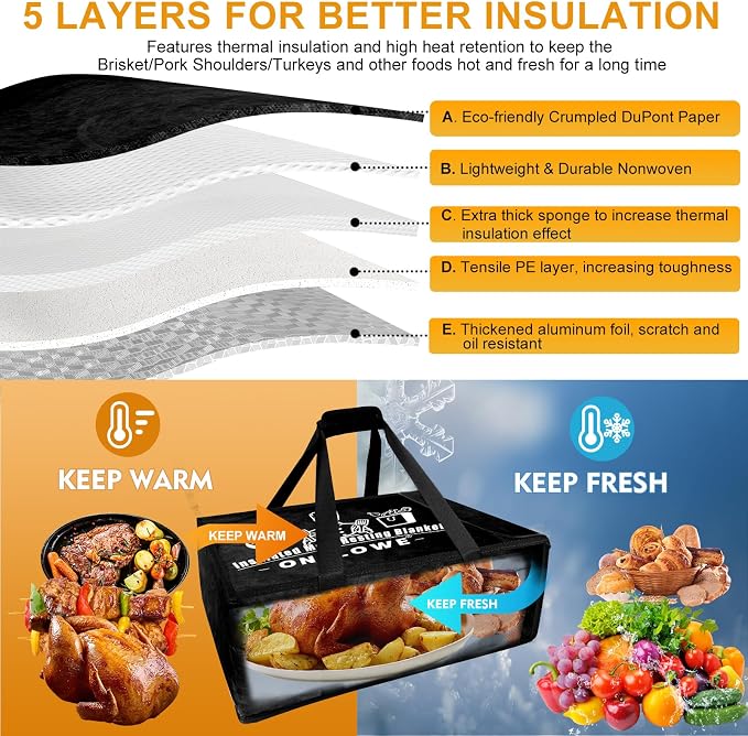 BBQ Blanket for Resting Meat - Insulated Meat Resting Bag for Smoking & Grilling | Compatible with Multiple Models BBQ Prep Tub for Large Brisket/Beef/Pork Shoulders, Gifts for Men (Black)