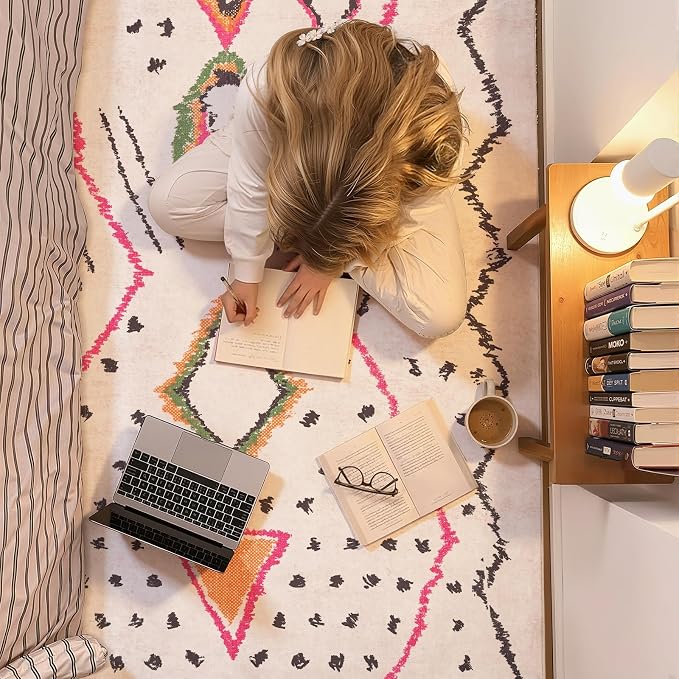 jinchan 5x7 Beige Hot Nerd Rug Modern Boho Geometric Washable Bedroom Rug | Abstract Artwork, Tribal Inspired, Diamond Motifs, Washable, Soft Texture, Non-Slip, Low Pile, Living Room, Dining Room