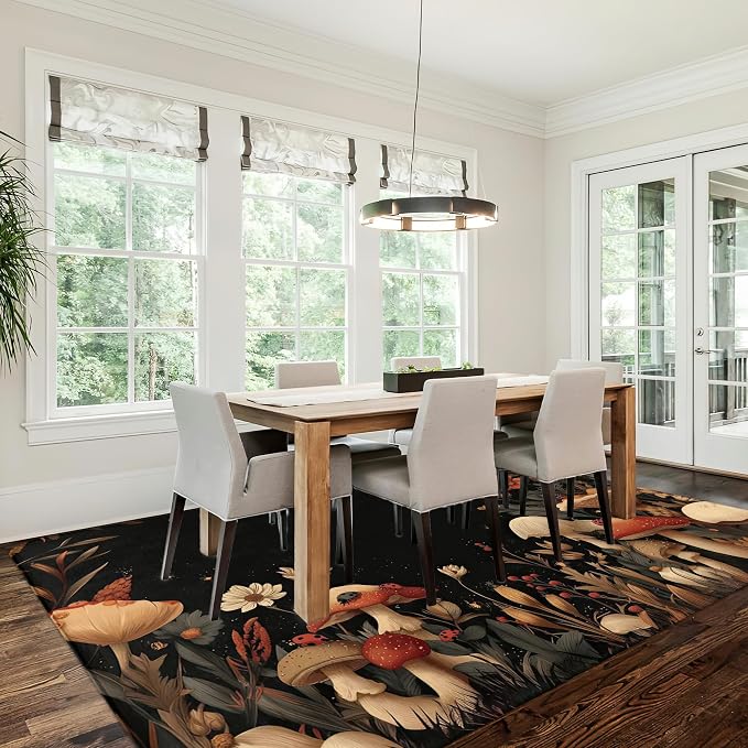 Vintage Mushroom Rug for Living Room 5x7,Fall Forest Flower Machine Washable Area Rug Soft Stain Resistant Floor Large Carpet for Bedroom,Farmhouse,Dining Room,Kids Playroom