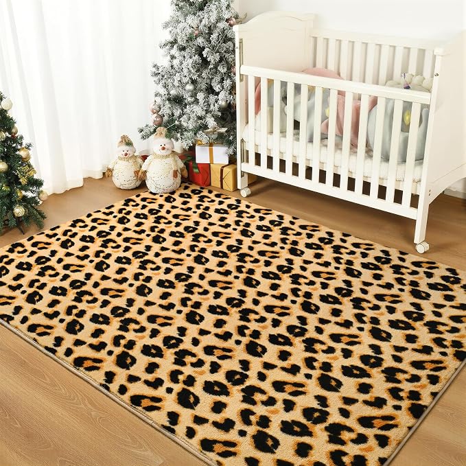 Amearea Soft Leopard Rugs for Bedroom Living Room, 3x5 Cheetah Print Rug | Fluffy Indoor Thickened Memory Foam Rug, Washable Animal Rug Carpet for Kids Boys Girls Dorm Nursery Room Home Decor, Khaki