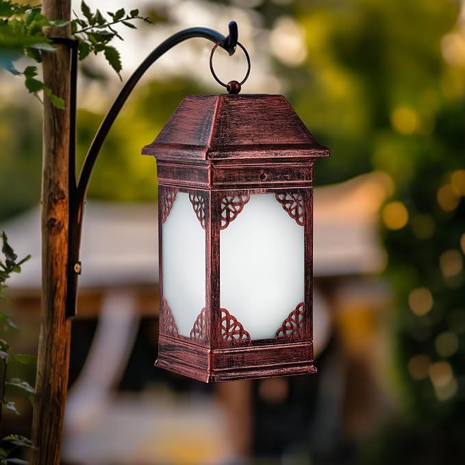 15.5" Solar Lanterns Outdoor Waterproof, Glass Flickering Flame Solar Lantern, Hanging Metal Lantern Decorative for Patio Front Porch Garden Backyard Tabletop Party Decoration