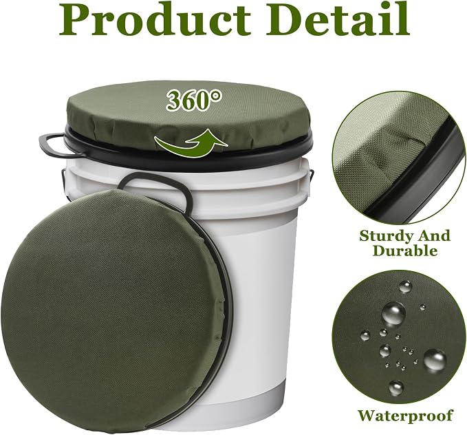 DAJAVE 2 Pack 5 Gallon Bucket Seat 360 Degree Swivel Bucket Seat Cushion, Buckets Seats Lid with Padded Top for Fishing, Hunting, Baseball Gardening and Camping, Water-Resistant (Green)