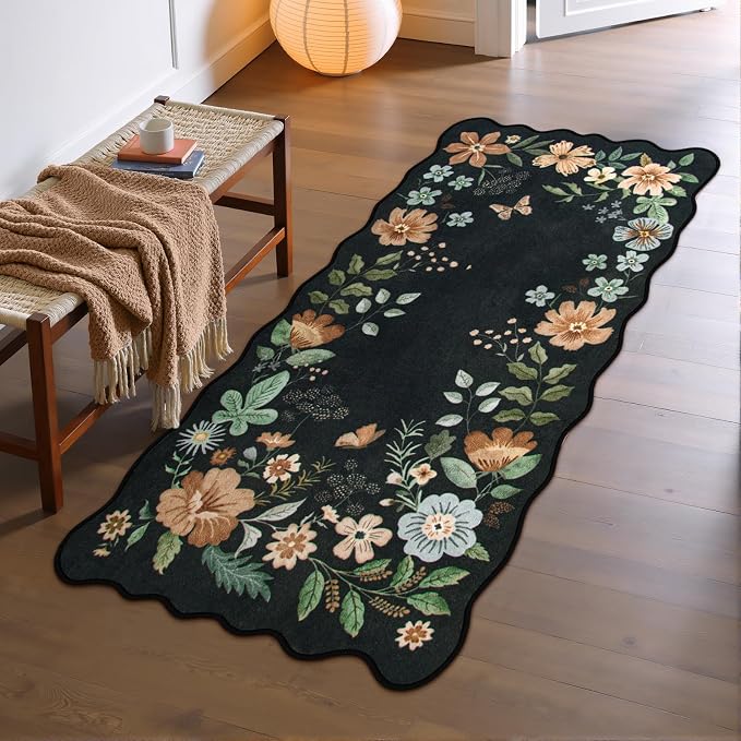 Lahome Floral Entryway Rug, 2x4 Soft Washable Kitchen Rug Ultra-Thin | Non-Slip Door Mat Indoor Entrance Stain Resistant Boho Small Flore Carpet for Bathroom Bedroom (2x4ft, Black/Grey)
