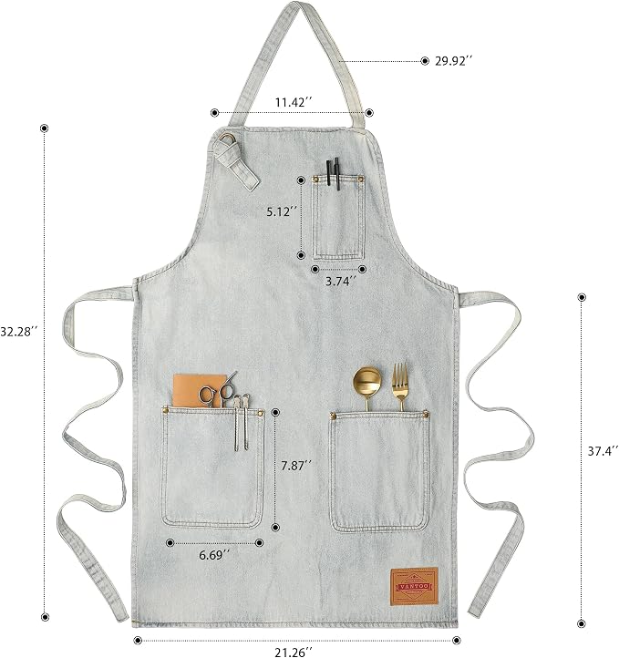 Denim Chef Apron for Women with Pockets, Jean Waitress Server Kitchen Apron for Men Cooking Gardening Painting