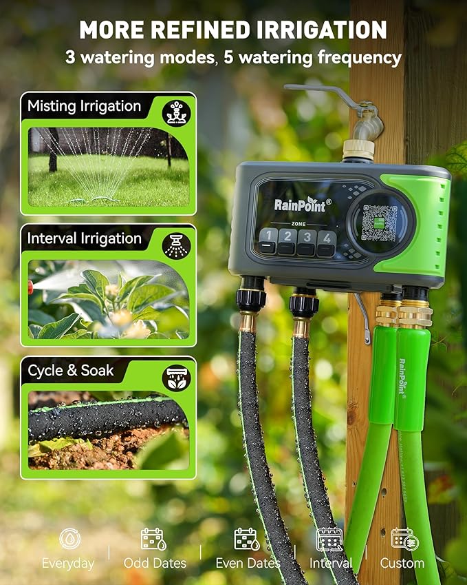 RAINPOINT 4 Zone WiFi Sprinkler Timer Without hub, 2027 New Version for Garden Hose, Outdoor Hose Water Timer with Brass Ports, APP & Voice Custom Irrigation Programs
