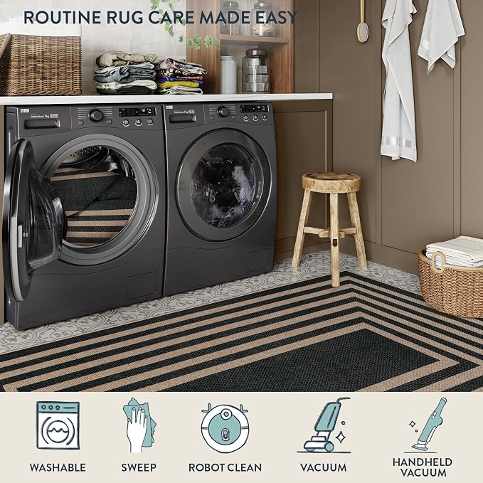 Lahome Enfys Modern Geometric Easy Jute Outdoor Rug, 5x7 Patio Living Room Rug Large Black Carpet for Bedroom, Farmhouse Washable Indoor Outdoor Carpet for Dining Room Backyard Deck