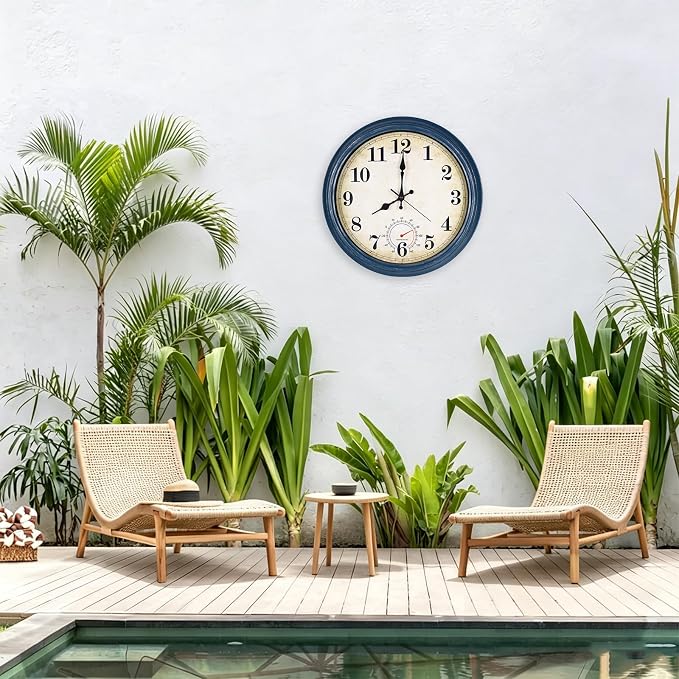 Outdoor Clock Waterproof with Thermometer Wall Clock for Patio Pool Bathroom Kitchen 16 Inch Blue