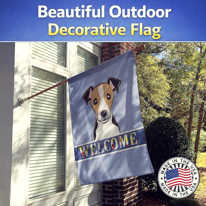 Caroline's Treasures BB1447CHF Jack Russell Terrier Welcome House Flag, Blue Large Porch Sleeve Pole Decorative Outside Yard Banner Artwork Wall Hanging, Polyester, House Size, Multicolor