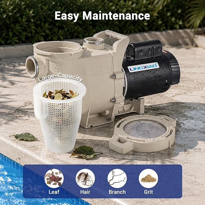 Pool Pump Inground 1HP, 6340 GPH High Flow Self Primming Swimming Pool Pump, 115V/230V, Low Noise, Powerful In/Above Ground Pool Pump with Filter Basket and 2"/1.5" Fittings