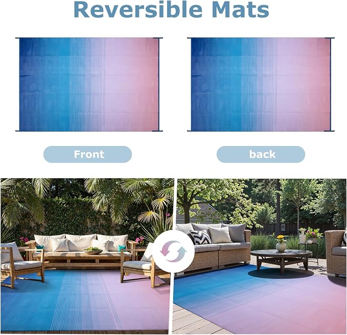 Lahome 9x12 Pink Outdoor Pool Picnic Rug, Pink Blue Beach Camping Rugs for Outside Your Rv, Waterproof Plastic Straw Stain Resistant Deck Carpets for Patio Porch Decor, Pink Blue 9'x12'