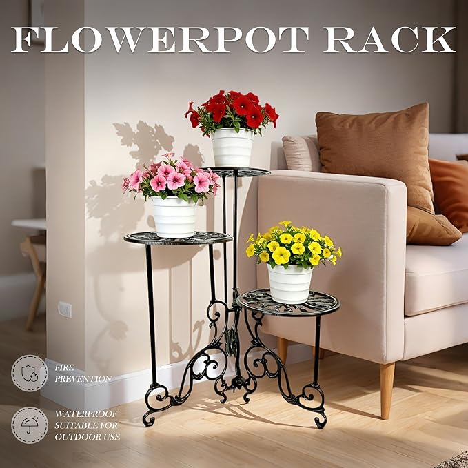 Cast Iron Plant Stand Indoor, 3 Tier Vintage Plant Shelf with Ornate Design, Heavy Duty Corner Plant Stand for House Decor, Ornament Display Stand for Plants
