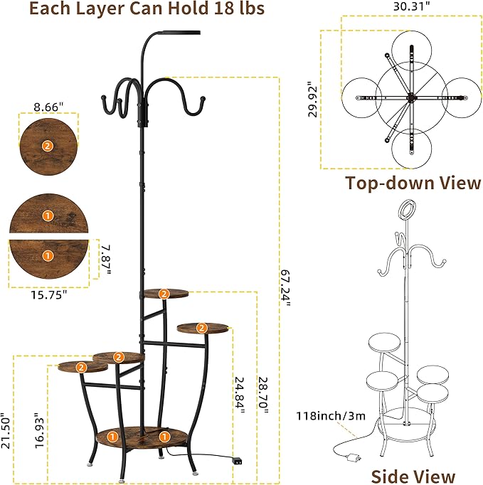 BACEKOLL Plant Stand Indoor with Grow Light - 72" Tall Plant Shelf Indoor, 5 Tiered Corner Plant Stands for Indoor Plants, Hanging Plant Holder Flower Display Holders for Living Room, Balcony Decor