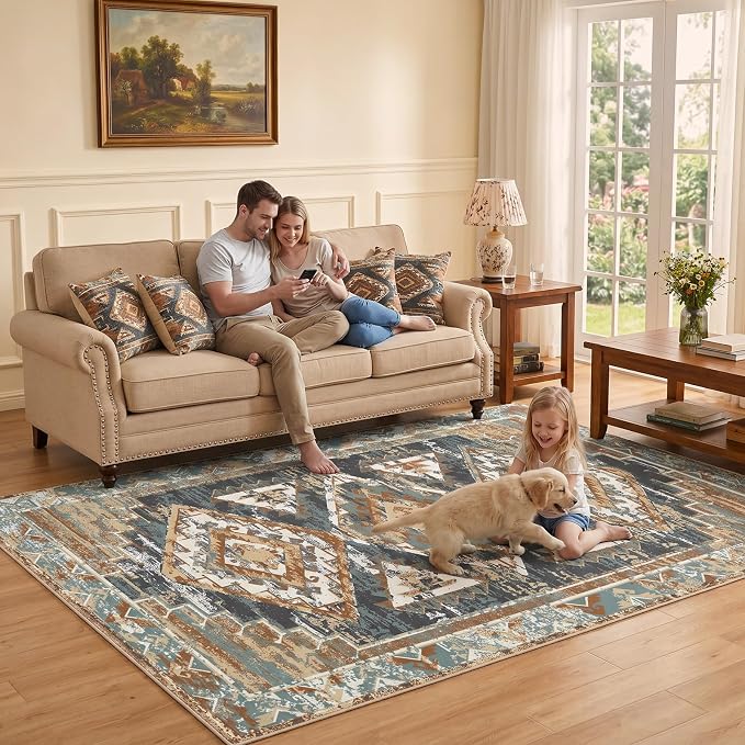 Washable 6x9 Area Rug for Bedroom, Rustic Farmhouse Low-Pile Non-Slip Carpet, Stain Resistant Vintage Southwestern Rug for Living Room Dining Room, Blue Rust Ivory