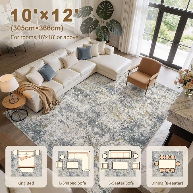 kakania Washable 10x12 Area Rug for Living Room: Abstract Modern Home Decor | Soft Stain Resistant, Low-Pile, Non-Slip, Pet & Kid Friendly, Thin Rug for Bedroom/Dining Room/Kids Dorm - Blue Grey