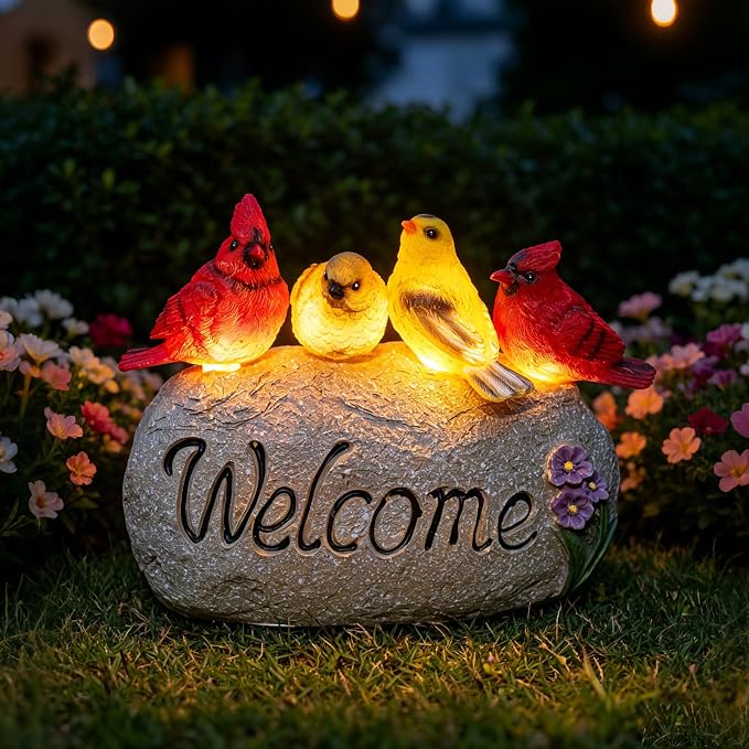 Solar Garden Statues Outdoor Decor, Welcome Sign Garden Sculptures Statue Novelty Birds Figurine Decoration for Patio Yard Porch Art Home Decor or Gifts for Mom Grandma