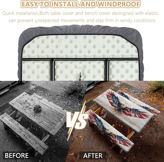 Picnic Table Cover with Bench Covers Elastic Edges, Outdoor Patio Camping Essentials 72 Inch 3PCS, Waterproof Camping Fitted Tablecloth with Handbags (American Flag Eagle)