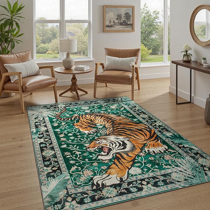 DCX Washable 5x7 Tiger Area Rug, Green Vintage Animal Rug for Living Room, Soft Low Pile Carpet, Kid & Pet Friendly with Rubber Back Non Slip, Tiger Rug for Bedroom Dining Room Office