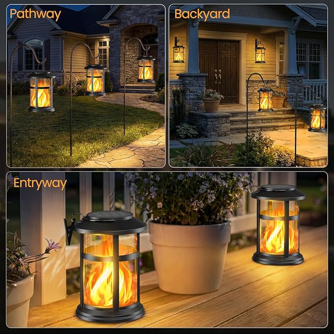Otdair 4 Pack Solar Lanterns Outdoor Waterproof, Upgraded Flickering Flame Hanging Solar Lights for Outside, Solar Powered Lantern for Patio Yard Garden Porch Decor, Gift for Mom Housewarming