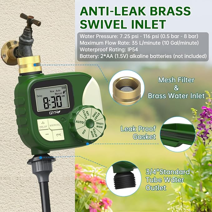 GMR Hose Timer, Water Timer for Garden Hose, Irrigation Timer with 360° Brass Swivel, Waterproof Sprinkler Timers for Automatic Watering System/Manual/Rain Delay, 1 Outlet