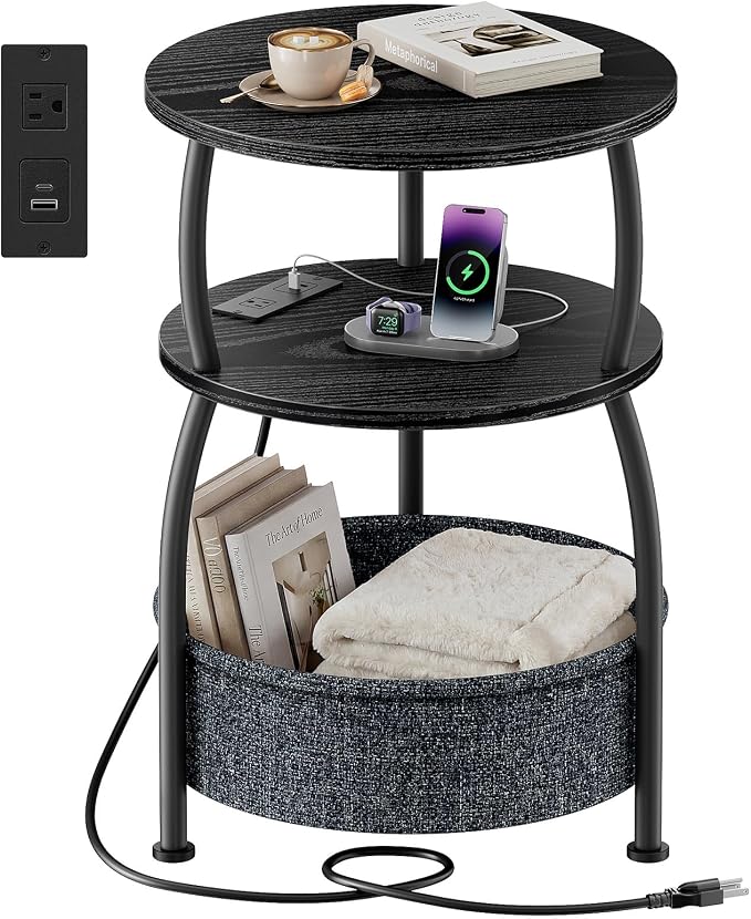Round Side Table with Charging Station, USB Type C Port, Black | Round End Table with Basket for Living Room, Space Saving, Tall Night Stand for Bedroom Dorm,15.75in Metal and Wood, Rustic