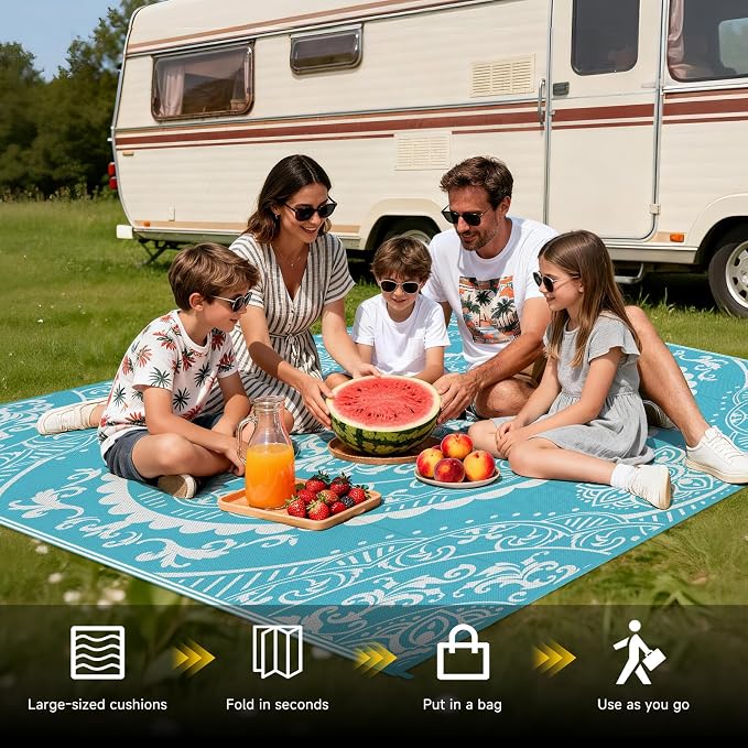 Pauwer Waterproof Outdoor Rug 6x9, Reversible Plastic Straw Patio Camping Rug, Indoor Outdoor RV Mat Carpet for Deck, Camper, Porch, Balcony, Backyard, Picnic, Paisley Teal