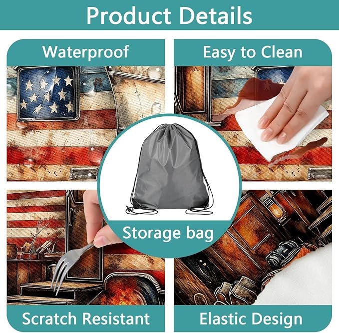 American Flag Picnic Table Cover with Table Cover, Elastic Tablecloth for Outdoor Picnic Tables, RV Camping Forest Design, Tablecloth for Camping, Barbecue and Terrace Dining, 30x96 Inch