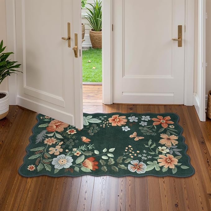 Lahome Floral Green Rugs for Entryway, 2X3 Washable Kitchen Rugs Non Slip | Soft Rug Ultra-Thin Indoor Door Mat Boho Small Throw Carpet for Bathroom Bedroom Flore (2x3ft, Dark Green)