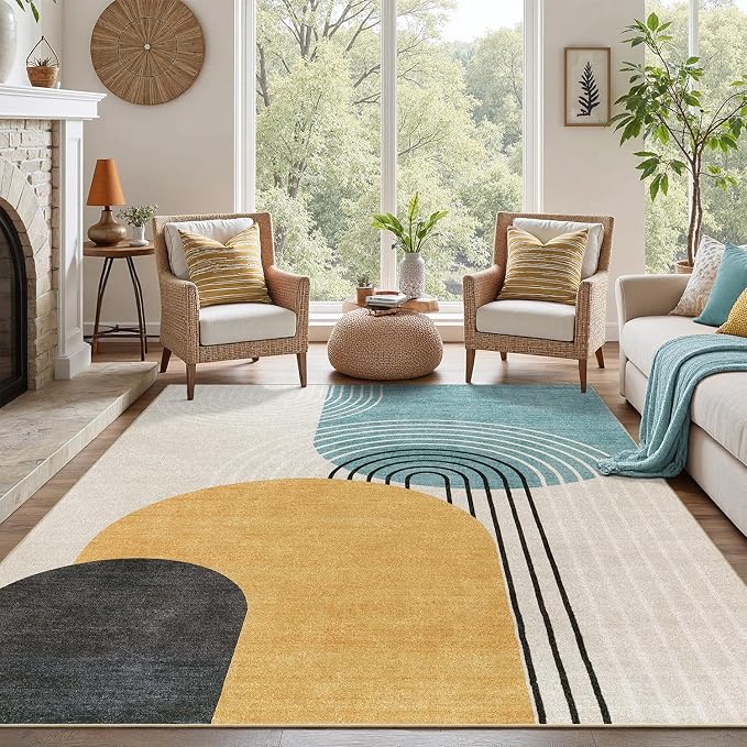 DCX Abstract Washable 10x13 Rug, Non Slip Low Pile Rug, Blue & Yellow | Rugs for living room, bedroom, dining room, office, soft, mid century modern rug, sain resistant indoor carpet, home decor