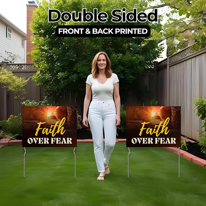 Faith Over Fear! Yard Sign by DC | 24"x18" Double Sided Church Garden Sign with 13” Metal Stakes | Outdoor Signs Waterproof for Lawn, Patio, Sidewalk & House | Set of 5 | Made in USA