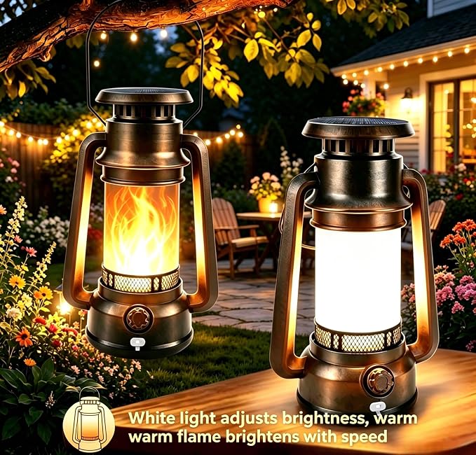 Toodour Solar Lantern Outdoor Lights, 2 Pack Vintage Solar Camping Lantern with 2 Modes, Dual Charging Solar/USB Waterproof Hanging Solar Light for Camping Patio Garden Yard Porch Outdoor Indoor Decor