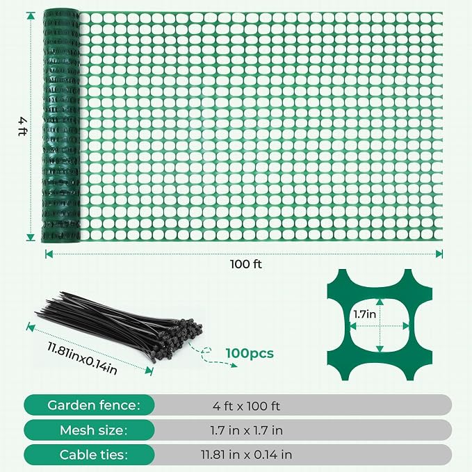 Ohuhu Plastic Garden Fence Safety Fence, 4'x100'/10.7 LB Reusable Netting Plastic Mesh Fence Roll, Temporary Fencing for Animal Barrier Construction Snow Fence Poultry Rabbits Chicken Dogs Deer Green