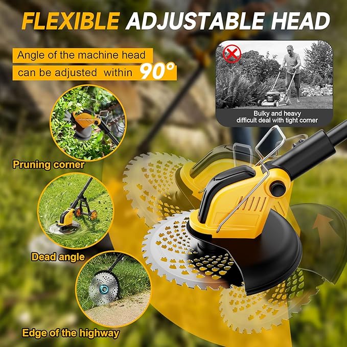 Brushless 4-in-1 Cordless Weed Wacker Edger with Wheel, 20000RPM 12'' Electric Weed Eater Battery Powered Brush Cutter, Grass Trimmer Stringless Weed Trimmer Lawn Mower Metal Blade Battery Charger