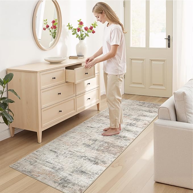 2X10 Area Rug for Hallways, Gold Abstract Washable Non-Slip Runner Rugs | Low Pile Runner Rugs, Soft Carpet for Kitchen Bathroom Bedroom Laundry, Stain Resistant Foldable Non-Shedding Distressed Rug