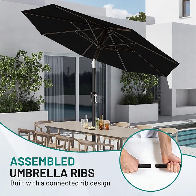 AreShark 10 FT Outdoor Patio Umbrella, Patio Table Umbrella with Push Button Tilt and Crank, Outdoor Patio Umbrellas with 8 Fiberglass Ribs, Patio Umbrellas for Market, Garden, Pool (Black)