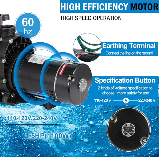 TOPDEEP 1.5 HP Pool Pump Inground, Self Primming pool pump above ground, Single Speed Swimming pool pumps Dual voltage with Strainer Basket & 2Pcs 1-1/2NPT Connectors