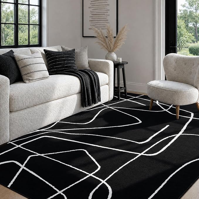 6x9 Washable Modern Abstract Black White Area Rug | Ultra-Thin Low Pile, Non-Slip TPE Backing, Soft Stain Resistant, Machine Washable, for Bedroom Livingroom High Traffic