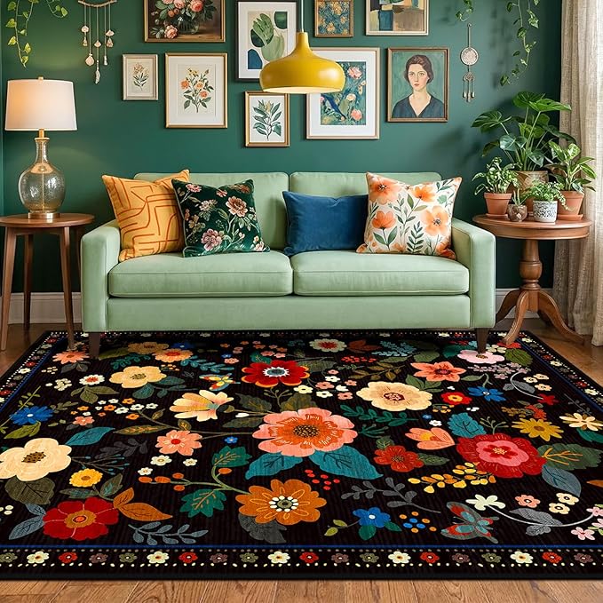 RELEANY Floral Washable 6x9 Area Rugs Black | Flower Carpet, Print, Boho, Non-Slip, Easy to Clean, Soft, Low Pile for Living Room Bedroom Kitchen Office Entryway Hallway