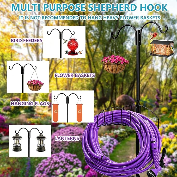Garden Hose Holder 2 Pack with 7 Prong Base and Dual Shepherd Hooks | Water Hose Holders for 150 Feet Hose, Detachable Hose Storage Hanger for Outside Lawn Yard