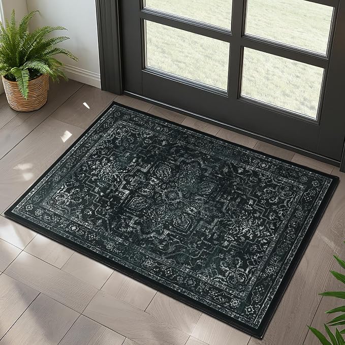 Distressed Black Kitchen 2x3 Rugs Non Slip Washable, Vintage Medallion Pinted Dark Door Mat Indoor Entrance Entryway, Small Low Pile Rugs for Bathroom Vanity/Laundry Room/Bedroom