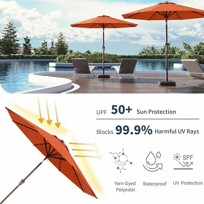 10FT Solar Umbrella 32 LED Lighted Patio Umbrella Table Market Umbrella w/Tilt and Crank, UV-Resistant Outdoor Umbrella for Pool, Garden, Deck, Terracotta