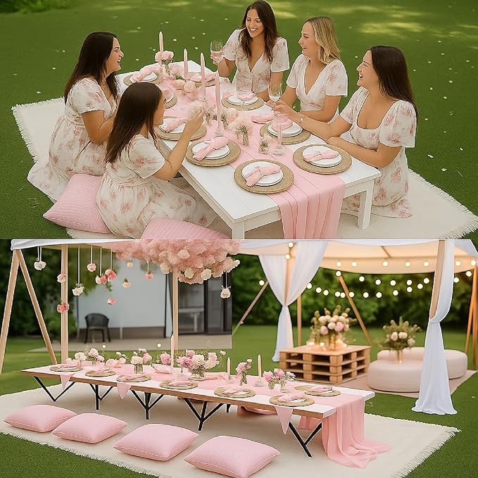 Beeveer 14 Pack Picnic Kit 91x71 Inch Extra Large Outdoor Boho Picnic Blanket with Pink Table Runner, 6 Throw Pillow Covers 6 Napkin Woven Cotton Yarn Washable Beach Blanket for Camp Wedding Decor