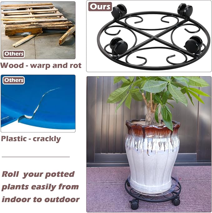 12" Metal Plant Caddy with Wheels 5 Packs Rolling Plant Stands Indoor Wheeled Plant Dolly Heavy-duty Pot Mover Roller Base Outdoor Plant Trolley Cart with Brake Casters Water-proof Dust-proof, Black