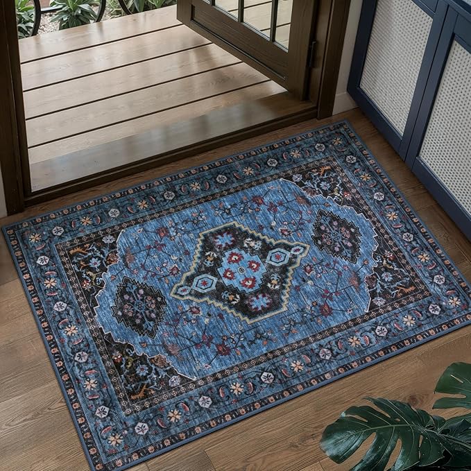 Tangsoo Oriental 2x3 Washable Rugs for Entryway, Non Slip Small Area Rug | Blue Vintage Indoor Front Door Rug, Boho Print Door Mat Soft Low Pile Throw Rugs for Entrance Entry Kitchen Bedroom Bathroom